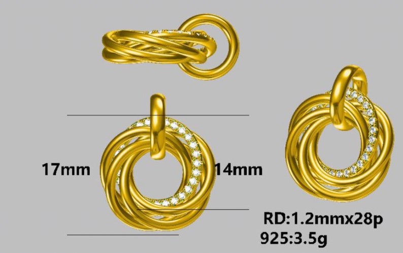 May include: A gold-toned pendant featuring three interlocking circular rings, with one ring accented by small clear stones. The pendant measures 17mm by 14mm, with a stone diameter of 1.2mm for 28 pieces and a total weight of 3.5g for the 925 silver base.