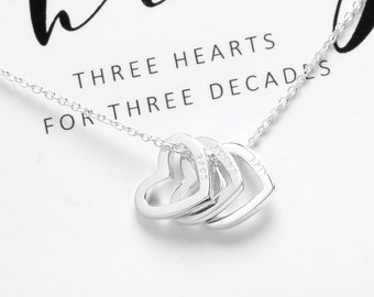 30th Birthday Gift for Woman • 3 Hearts for 3 Decades • Meaningful 30th Birthday Necklace • 30th Hearts Necklace Sterling Silver jewellery