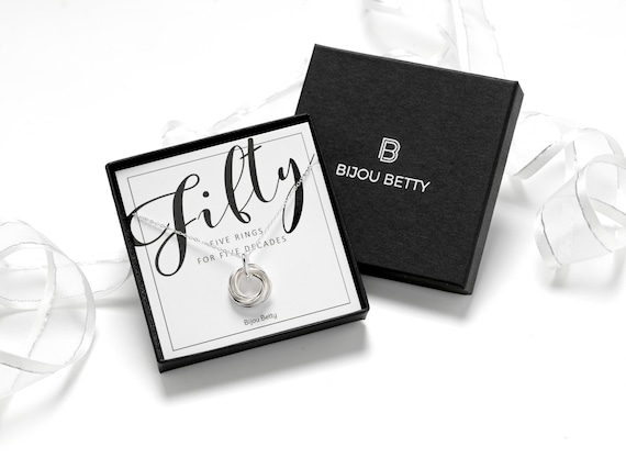 50th Birthday Necklace for Her, Five Rings Gift, Five Decades, Silver or Gold Plated