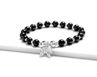 Sterling Silver Angel Wing Bracelet: Hematite Bead Stretch Jewelry