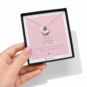 Sterling silver 60th birthday necklace with six interlinked rings on a birthday card, gift boxed by Bijou Betty for mum, daughter, sister or friend.