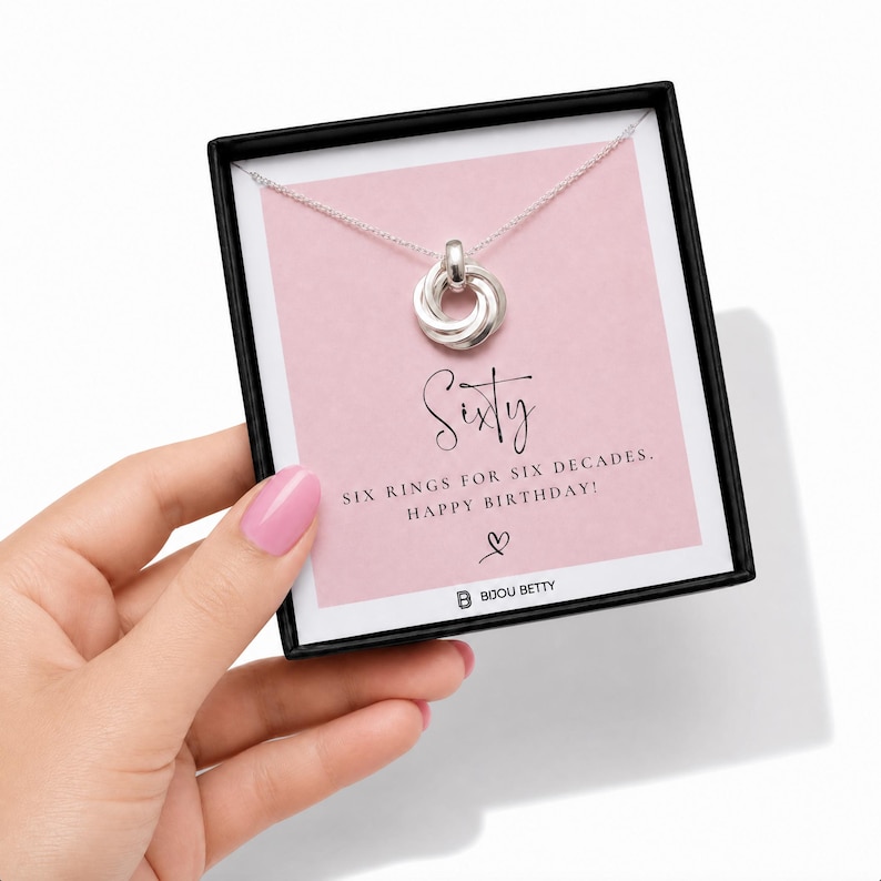 Sterling silver 60th birthday necklace with six interlinked rings on a birthday card, gift boxed by Bijou Betty for mum, daughter, sister or friend.