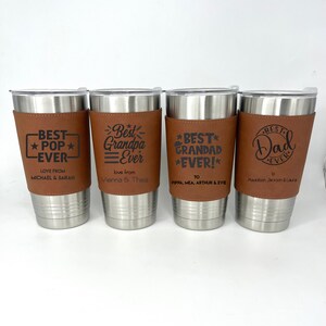 Personalised Reusable Travel Mug | Custom Insulated Coffee Mug | Stainless Steel With Engraved Vegan Leather Sleeve | 12 Designs Available