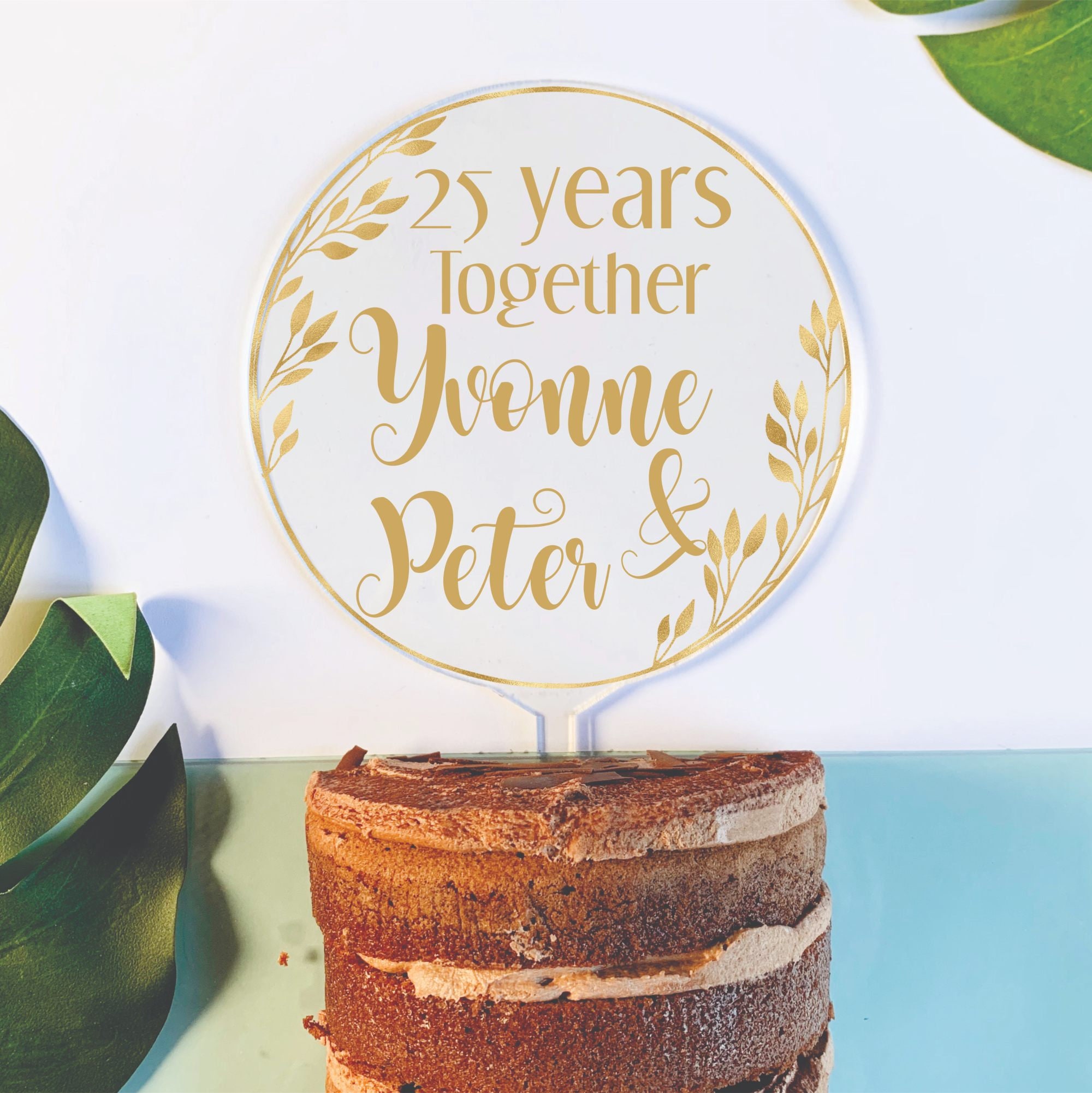 Clear Acrylic Anniversary Cake Topper Gold Leaves Etsy