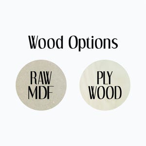 May include: A graphic display titled Wood Options featuring two circular swatches. The left circle is a light tan color labeled RAW MDF in black text. The right circle is a pale cream color labeled PLY WOOD in black text, showing wood grain.