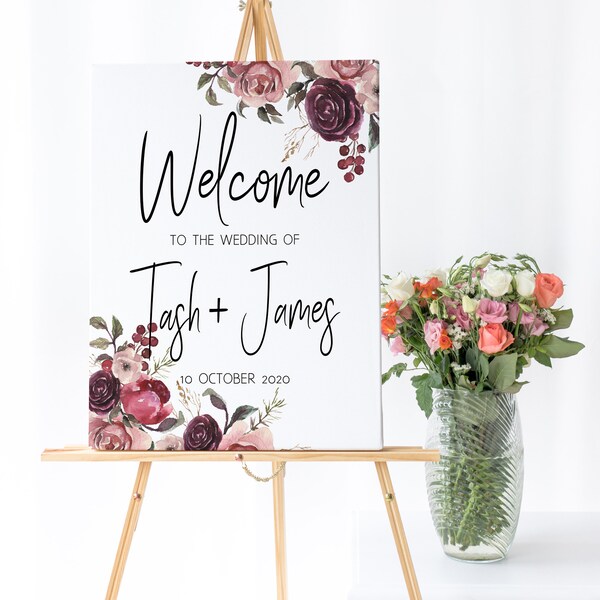 Floral Printed Welcome Sign Burgundy, Wedding Welcome Signs,