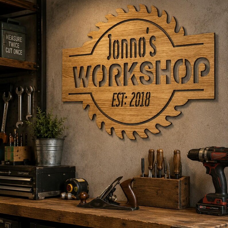 May include: A circular wooden wall sign shaped like a saw blade with the text Jonno's WORKSHOP EST: 2018 cut out of the center. The sign features a natural wood grain finish and is mounted on a wall above a workbench filled with various hand tools.