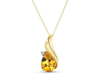 14k Solid Gold Natural Citrine & Diamond Pendant Necklace, November Birthstone