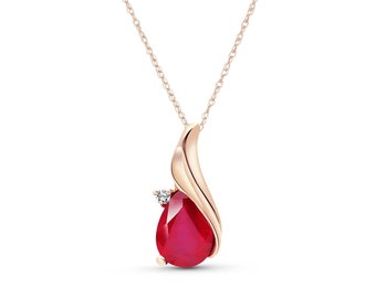 14k Solid Gold Ruby & Diamond Pendant Necklace