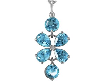 14k Solid Gold Natural Blue Topaz Floral Pendant Necklace, November Birthstone