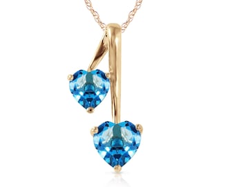 14k Solid Gold Natural Blue Topaz Heart Pendant Necklace, November Birthstone