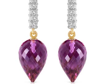 14k Solid Gold Natural Amethyst & Diamond Drop Earrings