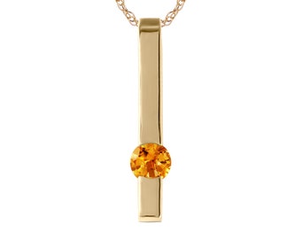 14k Solid Gold Natural Citrine Bar Necklace, November Birthstone