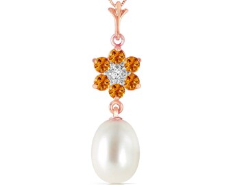 14k Solid Gold Pearl, Citrine & Diamond Daisy Pendant Necklace, November Birthstone