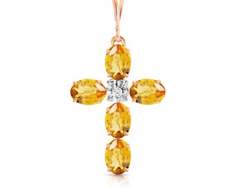 14k Solid Gold Natural Citrine & Diamond Cross Pendant Necklace, November Birthstone