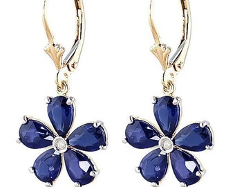 14k Solid Gold Natural Blue Sapphire Floral Drop Earrings