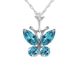 14k Solid Gold Natural Blue Topaz Butterfly Pendant Necklace, November Birthstone