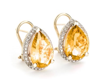 14k Solid Gold Natural Citrine & Diamond Halo Earrings, November Birthstone