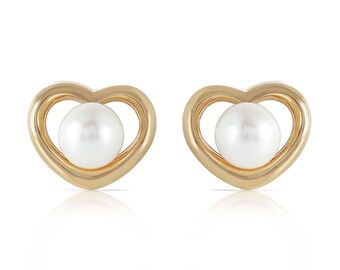 14k Solid Gold Pearl Heart Earrings