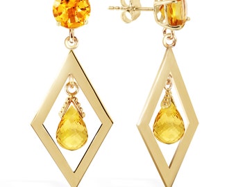 14k Solid Gold Natural Citrine Drop Earrings, November Birthstone
