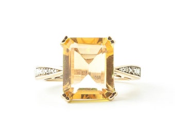 14k Solid Gold Natural Citrine Round Ring with Diamonds, November Birthstone