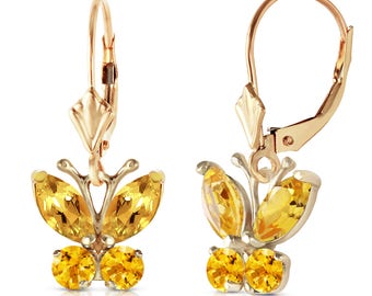 14k Solid Gold Natural Citrine Butterfly Earrings, November Birthstone