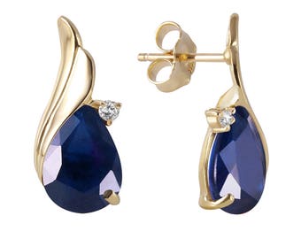 14k Solid Gold Natural Sapphire & Diamond Stud Earrings