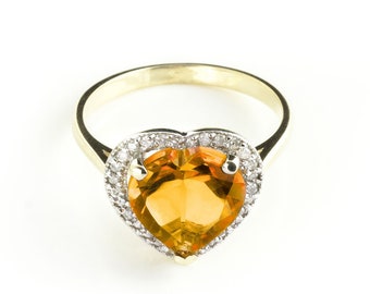 14k Solid Gold Natural Citrine Heart Shaped Halo Ring with Diamonds, Engagement Ring, November Birthstone