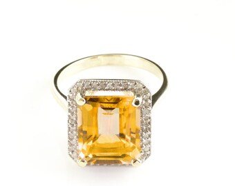 14k Solid Gold Natural Citrine Halo Ring with Diamonds, November Birthstone