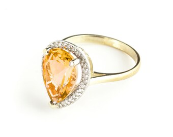 14k Solid Gold Natural Citrine & Diamond Halo Ring, November Birthstone