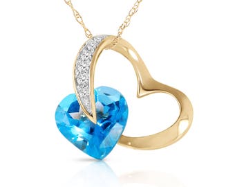 14k Solid Gold Natural Blue Topaz & Diamond Heart Pendant Necklace/November Birthstone, November Birthstone