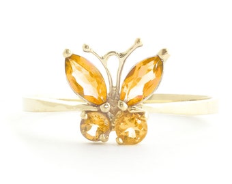 14k Solid Gold Natural Citrine Butterfly Ring, November Birthstone
