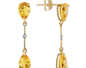 14k Solid Gold Natural Citrine & Diamond Drop Earrings