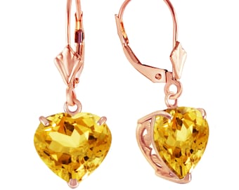 14k Solid Gold Natural Citrine Heart Earrings, November Birthstone