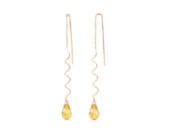 14k Solid Gold Natural Citrine Threader Earrings, November Birthstone