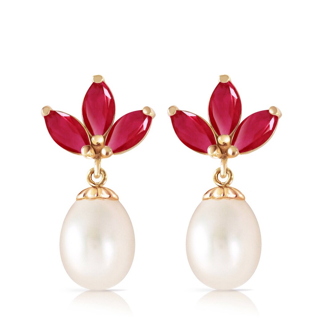 14k Solid Gold Pearl & Genuine Ruby Earrings - Etsy
