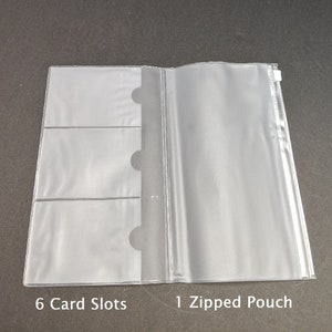 May include: A clear plastic wallet with six card slots and a zippered pouch. The wallet is open and the zipper is visible.