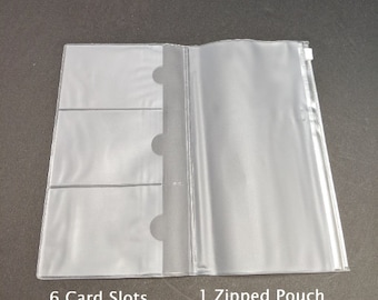 May include: A clear plastic wallet with six card slots and a zippered pouch. The wallet is open and the zipper is visible.
