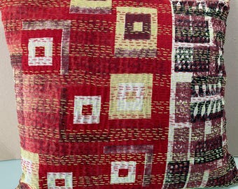 Indian style silk cushion with Kantha hand stitching.  Red and gold-beige patterned square pillow.