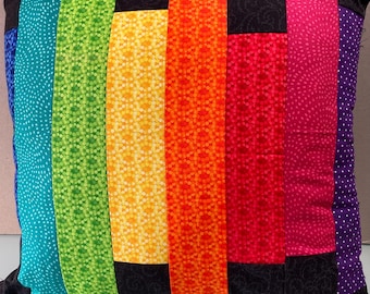 Rainbow square patchwork cushion.  Colourful bright pillow.  Sofa cushion.