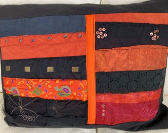 Tan/black Indian style cushion. Rectangular decorative pillow.  Up cycled cushion.