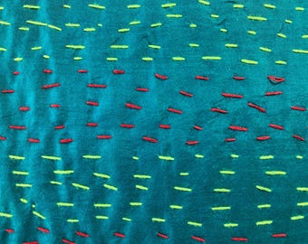 Indian style silk cushion with Kantha hand stitching.  Sea green square pillow.