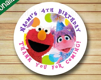 40 PRINTED Elmo and Abby Birthday Party Labels Sesame Street Rounded Stickers Personalized Elmo & Abby circle labels Toppers Favor Bag Label
