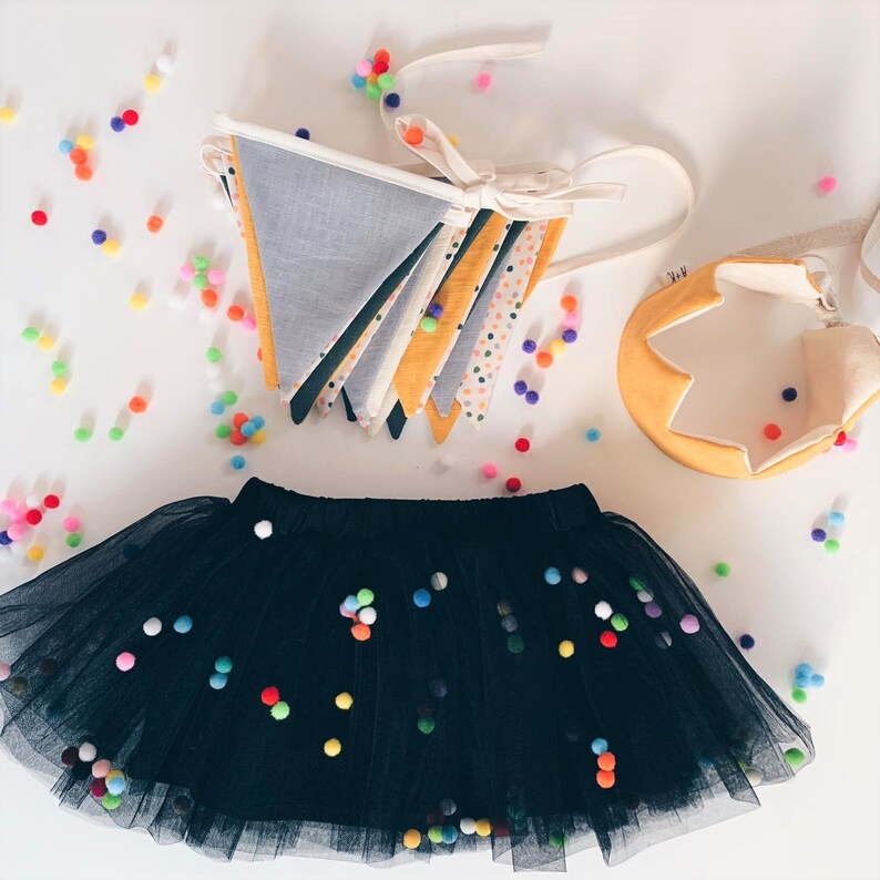 Birthday Party Pom Pom Tutu , 1st Birthday Tutu , Black Tutu , Party Tutu , Girls Birthday Tutu , Kids tulle skirt holiday outfit zdjęcie 5