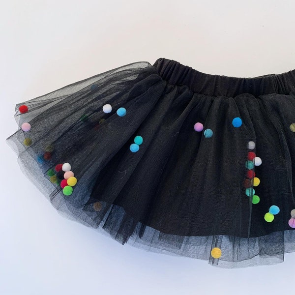 Fête d’anniversaire Pom Pom Tutu , 1er anniversaire Tutu , Tutu noir , Tutu de fête , Tutu d’anniversaire pour filles , Jupe en tulle pour enfants - tenue de vacances