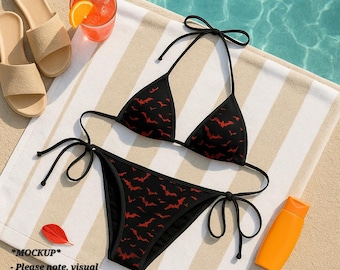 Biquíni gótico Red Bat | Maiô de vampiro | Roupa de banho assustadora | Maiô alternativo | Roupa de praia de Halloween | Biquíni estético escuro