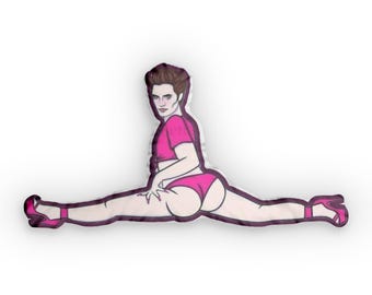 May include: A pink and white pillow with a cartoon illustration of a person in a pink outfit doing the splits.