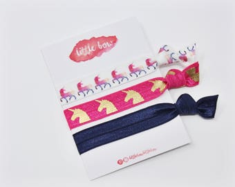 Unicorn hair ties, pink bracelet, navy ponytail holder, pretty hairbands, elasticated hair ties