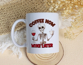 Funny Coffee Mug Design, Skeleton Wine Tumbler PNG, Alcohol Coffee Mug Design