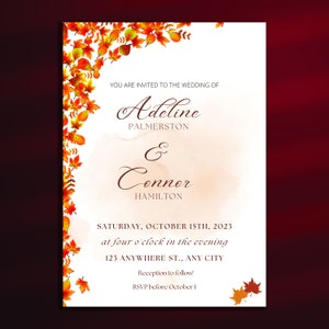 Rustic Fall Wedding Invitation Template | Autumn Wedding Invite | Burnt Orange Leaves Wedding Invite | Bohemian Fall Wedding Invites